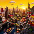 Città in stile LEGO con grattacieli e tramonto dorato