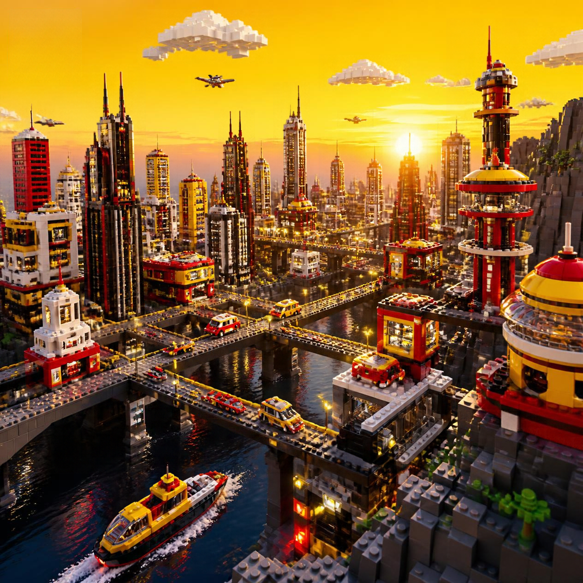 Città in stile LEGO con grattacieli e tramonto dorato